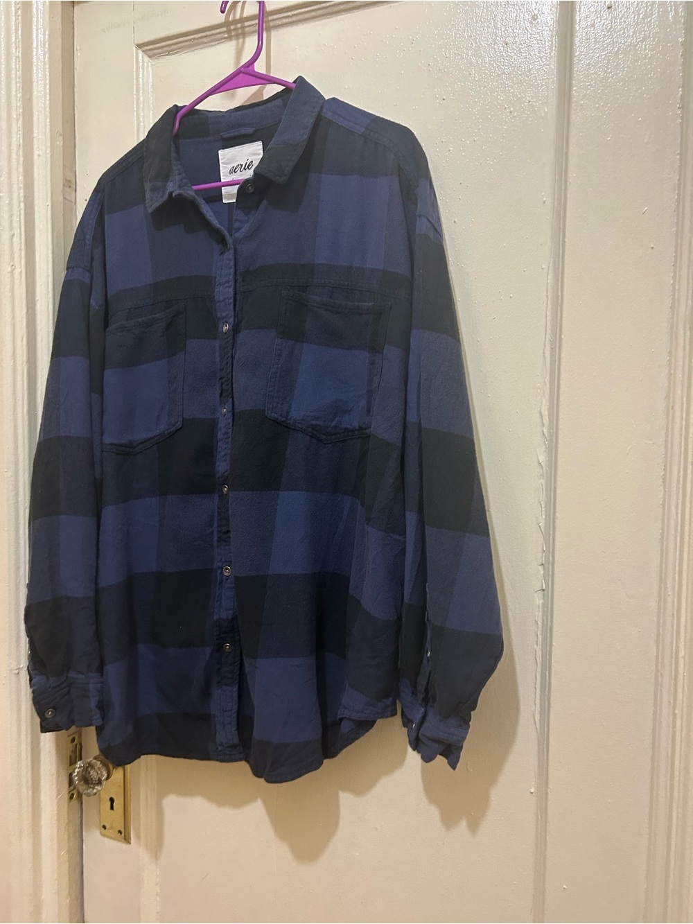 NWOT aerie Navy and Black Oversized Flannel Shirt Sz L. Plaid Button-Down - Picture 5 of 10